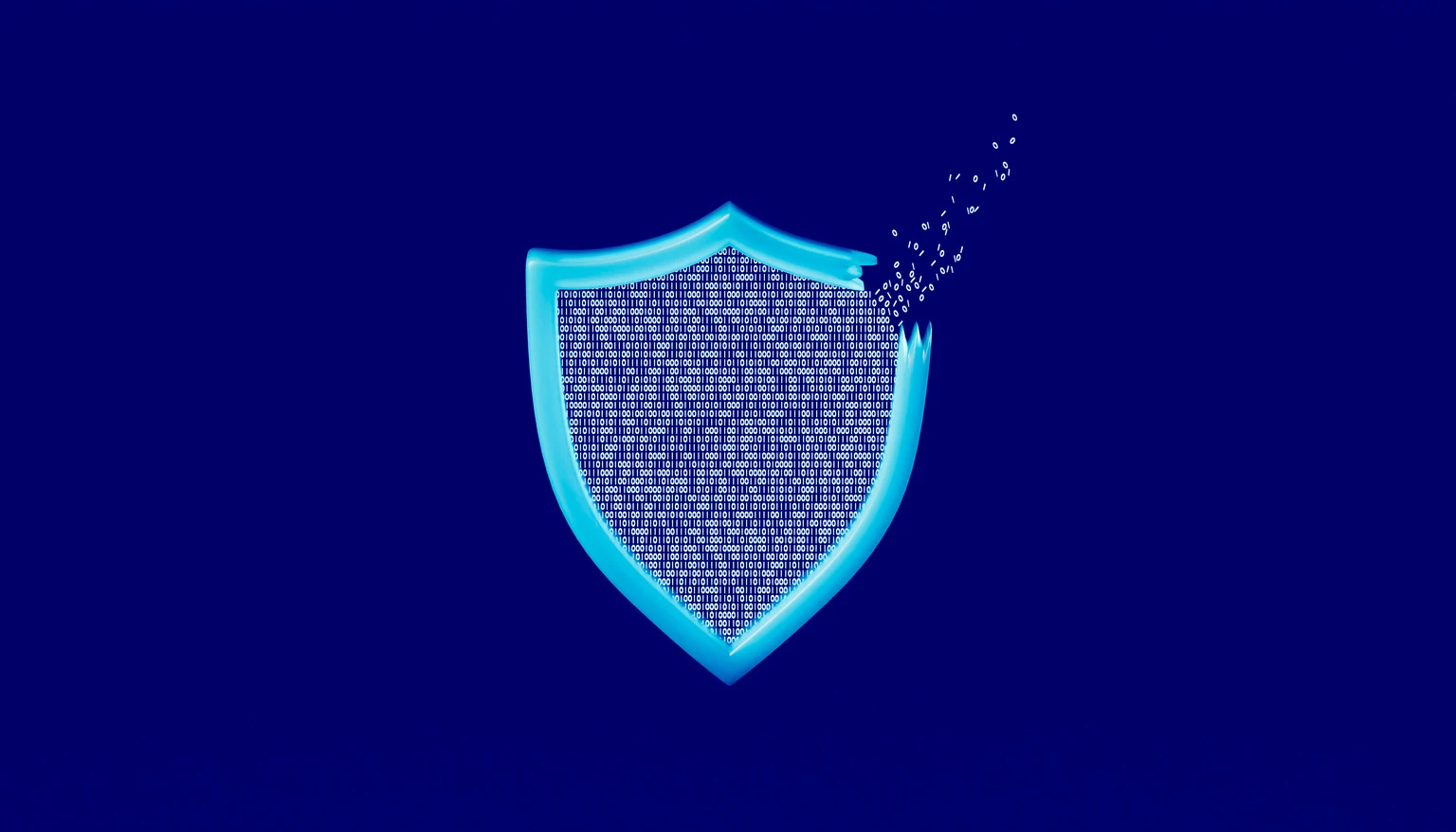 Binary Code Shield Leaking Data on Dark Blue Background Symbolizing Cybersecurity Breach