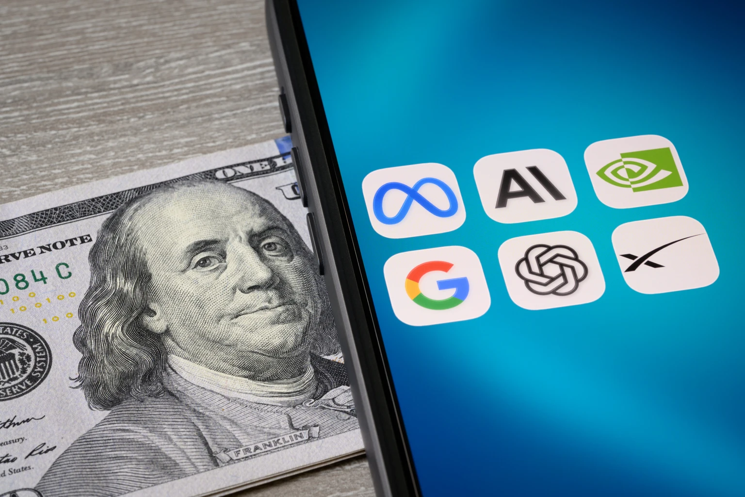 MANGOS Meta, Anthropic, NVIDIA, Google, OpenAI, and SpaceX Icons on Tablet with US Hundred Dollar Bills IPO Stock Trading