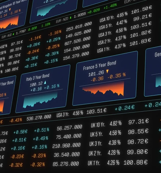 Global bond market trading screen, governemnt bond interest rates, charts, prices, stock market theme.
