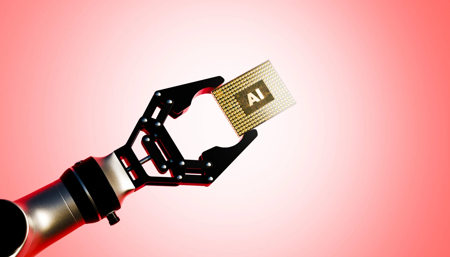 Black robotic arm elevating a golden AI microchip against soft pink gradient background illustrating advanced artificial intelligence hardware and precision robotics engineering