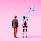 Man in suit and humanoid robot viewing blue rising arrow graph together against solid pink background symbolizing collaborative AI-driven business success