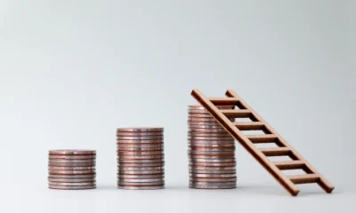 Three pile of coins and a small wooden ladder.