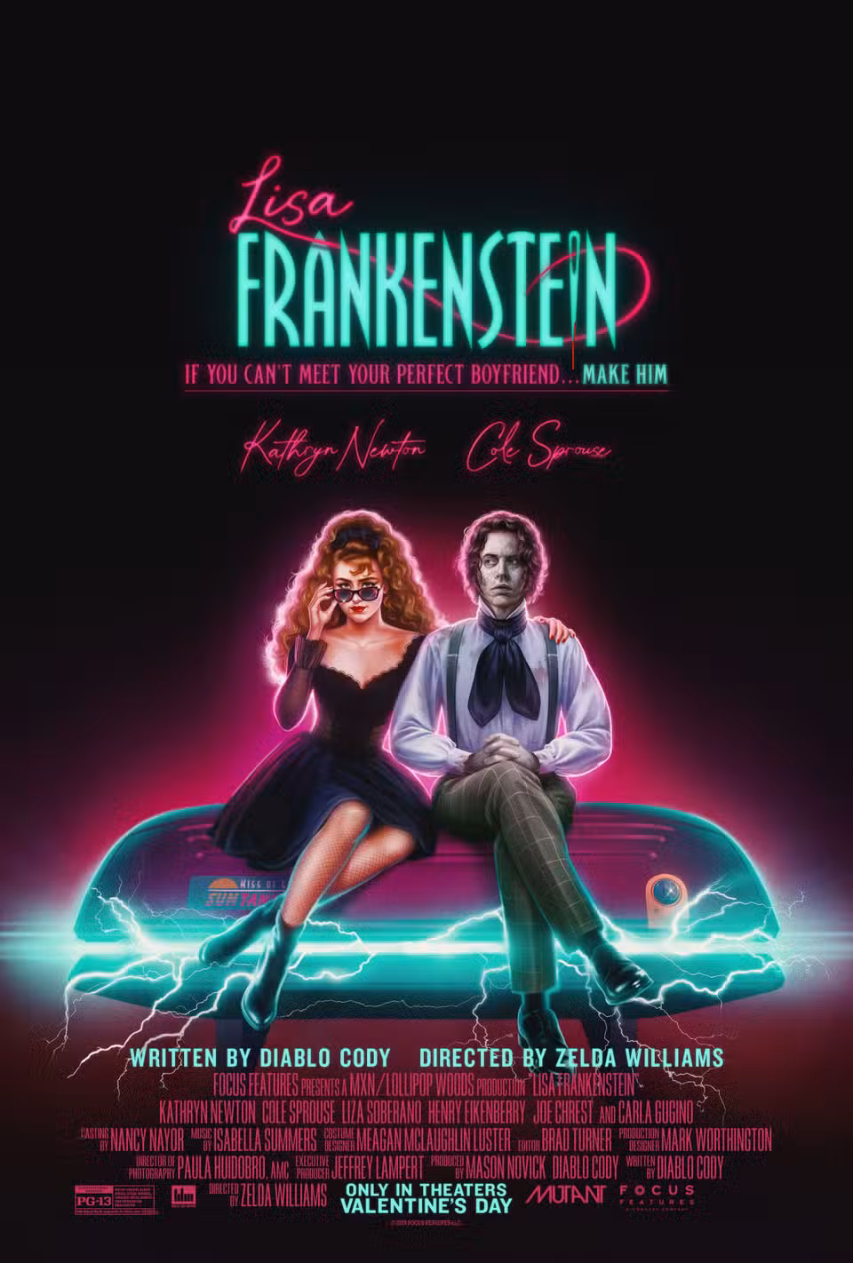 Lisa Frankenstein Poster With Kathryn Newton and Cole Sprouse Sitting Atop an Electrified Tanning Bed