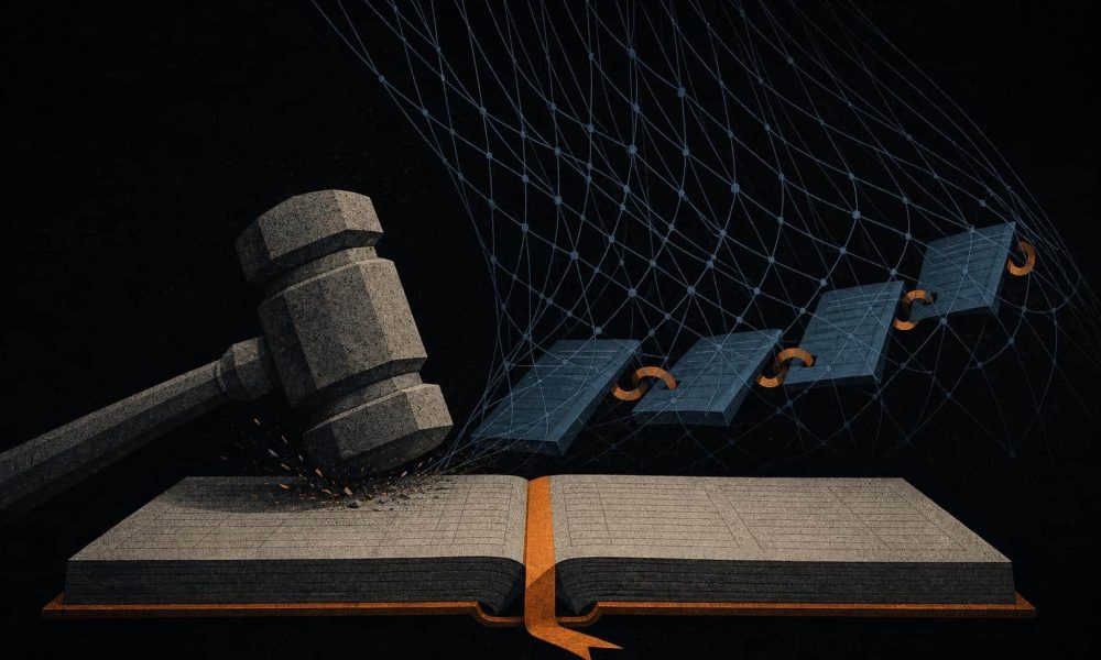 Editorial illustration of a stone gavel striking an open ledger wrapped in an amber ribbon as a net of blue lines tightens around linked ledger pages