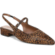 very low pump with Mary Jane strap and slingback heel; it is in a leopard print