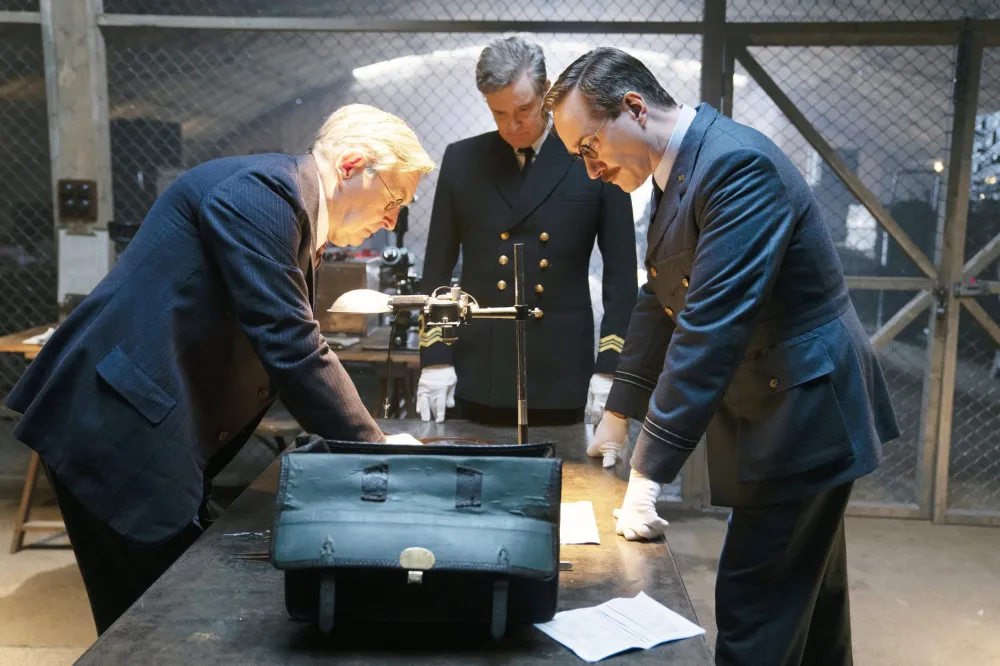 James Fleet, Colin Firth as Ewen Montagu, Matthew Macfadyen as Charles Cholmondeley in Operation Mincemeat
