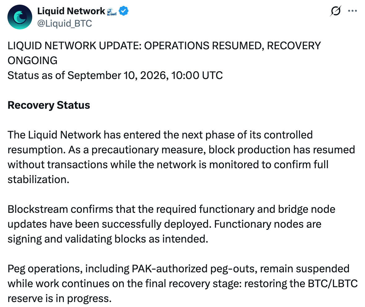 Liquid Network Comes Back Online After Bitcoin Exploit
