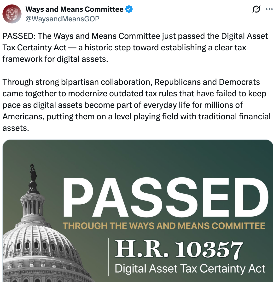 US Crypto Tax Bill Clears House Ways and Means