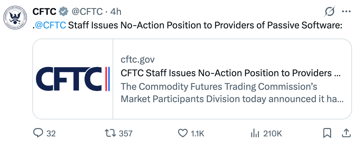CFTC Issues No-Action Position for Trading Software Providers
