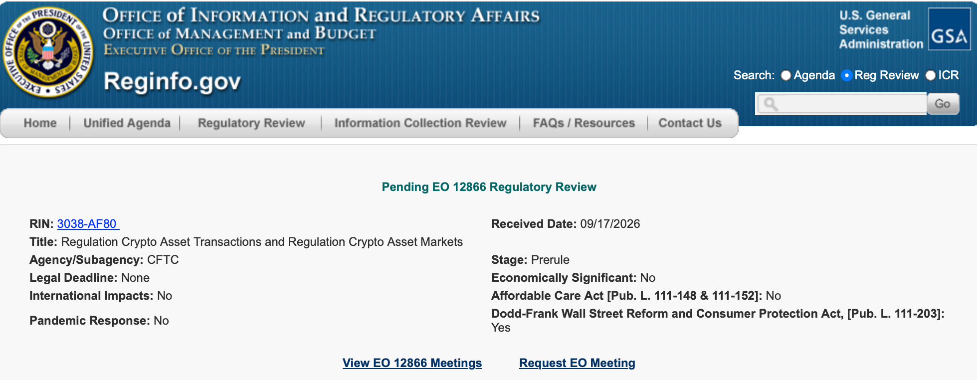 CFTC crypto market regulation enters White House review