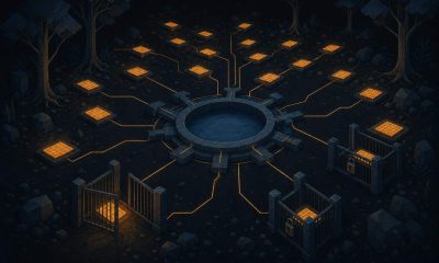 Flat geometric editorial illustration of glowing share tiles on a dark ground connected by amber lines to a central liquidity pool, some sealed behind gates