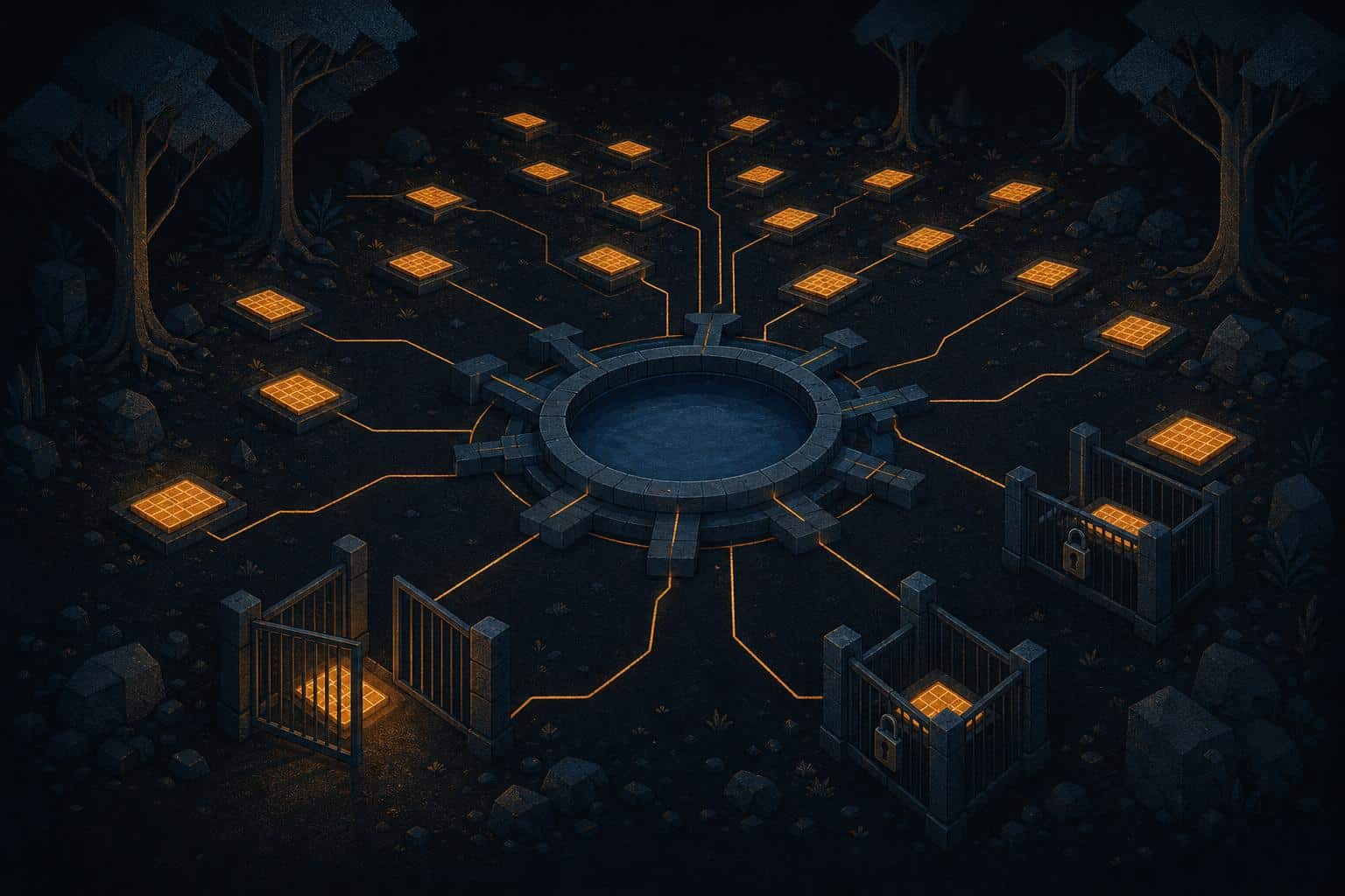 Flat geometric editorial illustration of glowing share tiles on a dark ground connected by amber lines to a central liquidity pool, some sealed behind gates