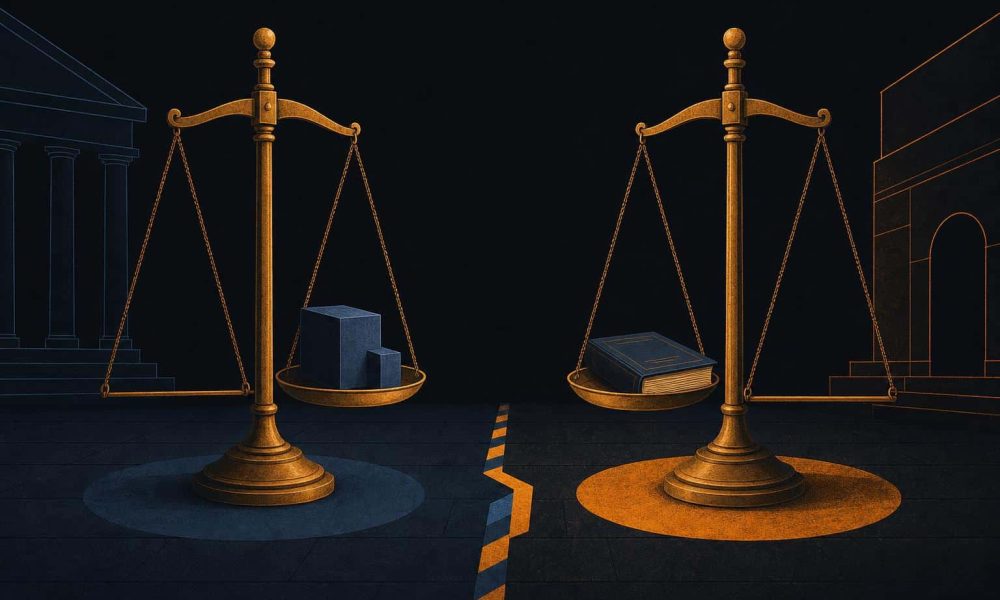 Editorial illustration of two balance scales divided by floor tape, symbolizing a jurisdiction dispute between two regulators