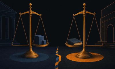Editorial illustration of two balance scales divided by floor tape, symbolizing a jurisdiction dispute between two regulators