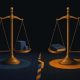 Editorial illustration of two balance scales divided by floor tape, symbolizing a jurisdiction dispute between two regulators