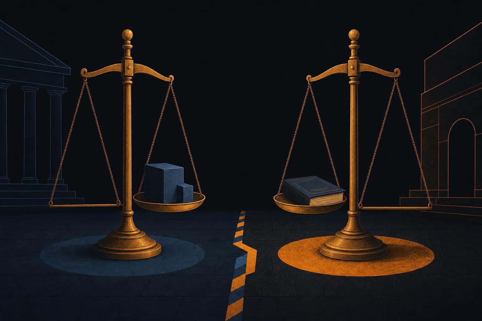 Editorial illustration of two balance scales divided by floor tape, symbolizing a jurisdiction dispute between two regulators