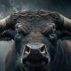 Very angry bull looking straight at the camera. Composite with different elements made with generative AI
