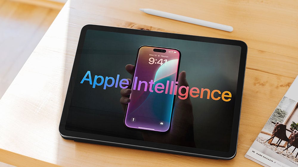 Hand holding smartphone reflecting on tablet screen displaying apple intelligence