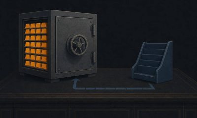 Editorial illustration of a filled vault and an empty share rack on a ledger table, suggesting a purchase funded from cash reserves rather than new shares