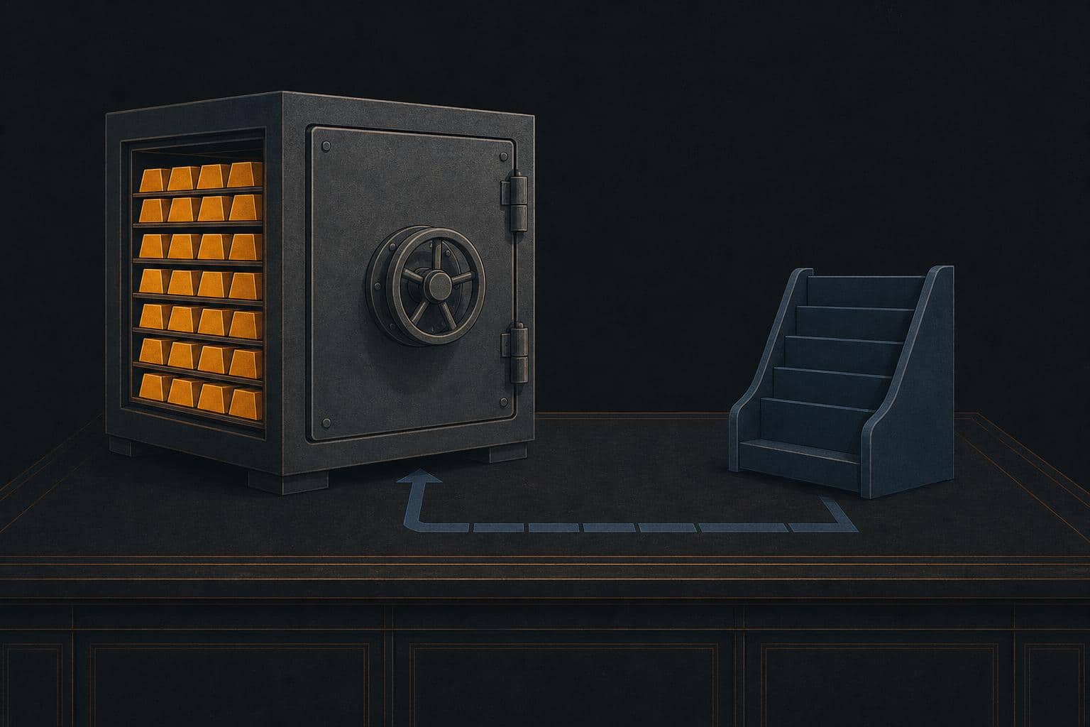 Editorial illustration of a filled vault and an empty share rack on a ledger table, suggesting a purchase funded from cash reserves rather than new shares