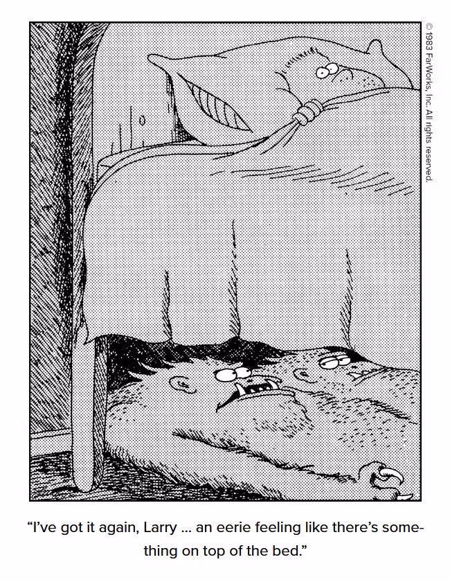 Monsters fear the kid on top of the bed in 'The Far Side'