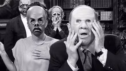 Several people wearing masks and looking ahead at the camera in The Twilight Zone