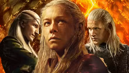 Emma D'Arcy, Ewan Mitchell, and Matt Smith against a fiery background