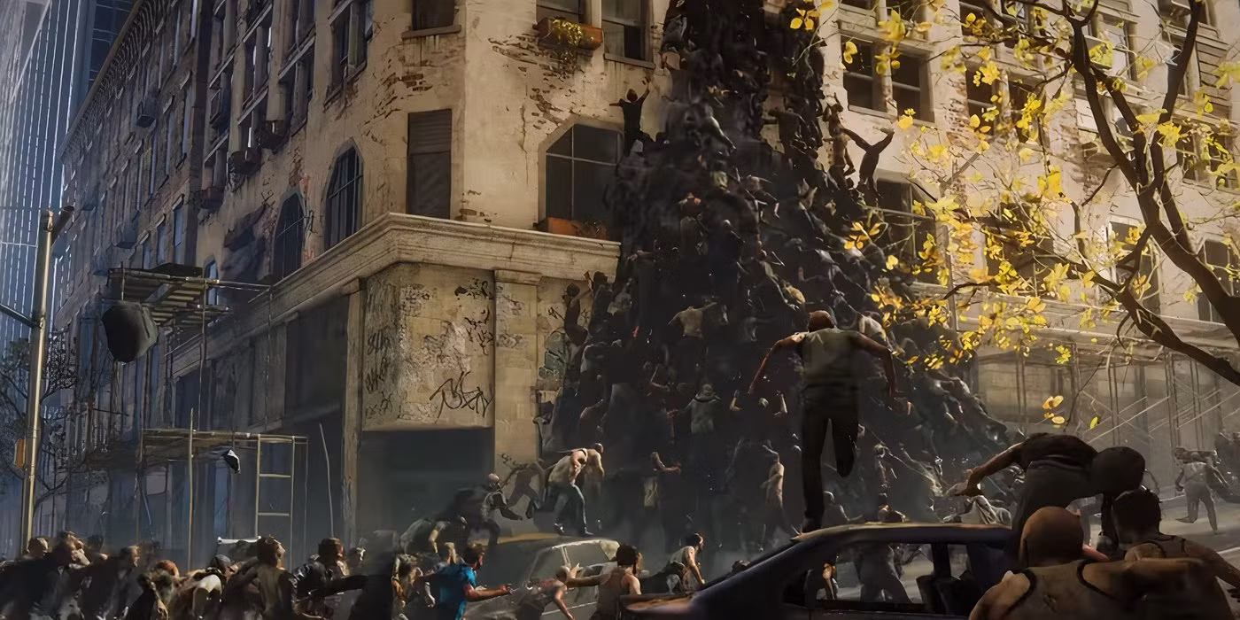 Zombies swarm a city street in the 'World War Z' video game