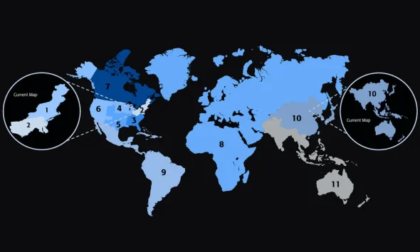 2d world map with countries colored according to their designated ieee region