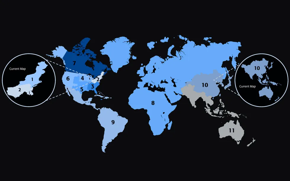 2d world map with countries colored according to their designated ieee region