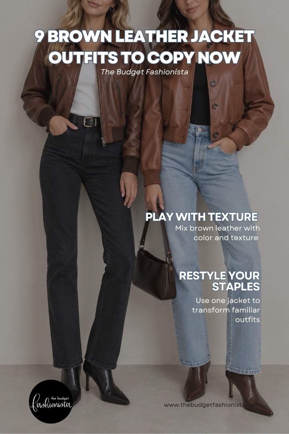Two women wearing brown leather jackets