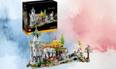 Lego Rivendell set on a pink and blue swirlded background 450x253