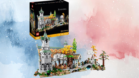 Lego Rivendell set on a pink and blue swirlded background