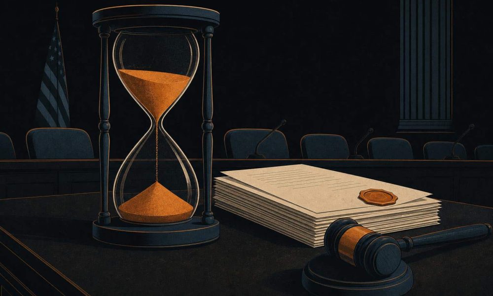 Editorial illustration of an hourglass with draining sand beside a stack of sealed documents on a hearing room table, symbolizing a rulemaking deadline approaching