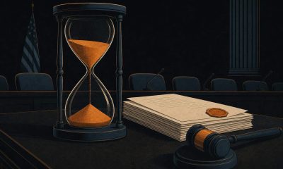 Editorial illustration of an hourglass with draining sand beside a stack of sealed documents on a hearing room table, symbolizing a rulemaking deadline approaching