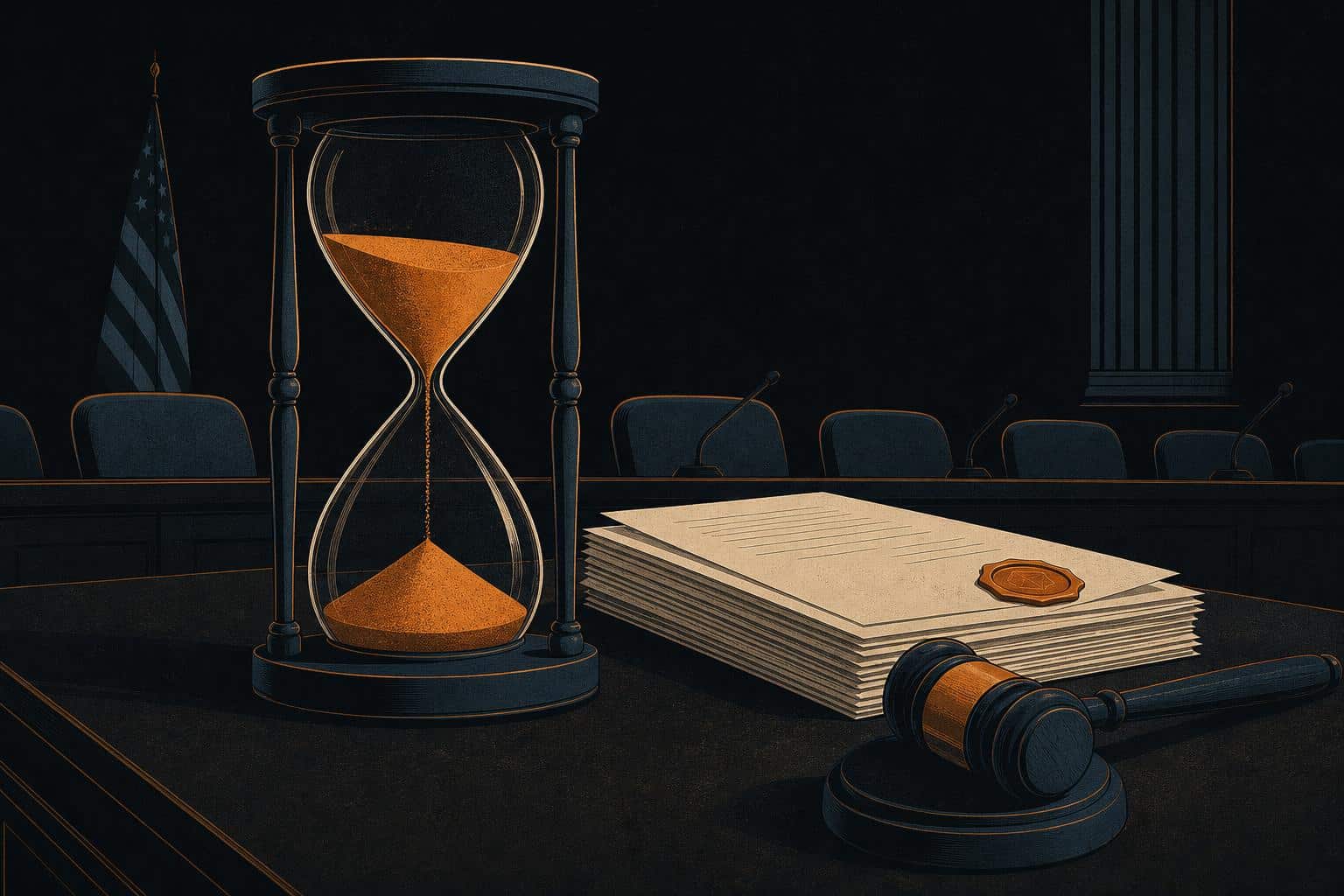 Editorial illustration of an hourglass with draining sand beside a stack of sealed documents on a hearing room table, symbolizing a rulemaking deadline approaching
