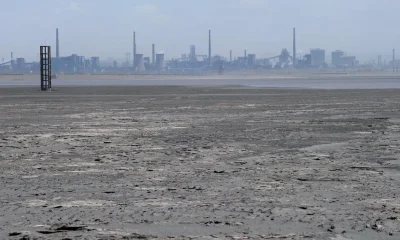 a body of water with a layer of solid matter on its surface with industrial facilities in the backgr