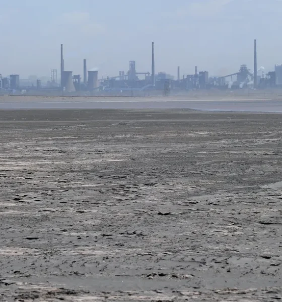 a body of water with a layer of solid matter on its surface with industrial facilities in the backgr