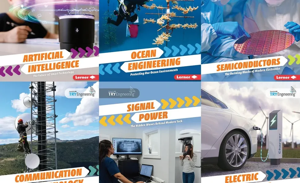 a grid of six book covers related to engineering topics such as semiconductors artificial intelligen