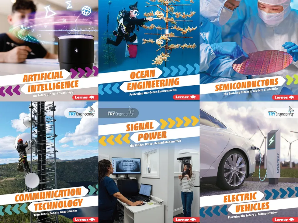 a grid of six book covers related to engineering topics such as semiconductors artificial intelligen