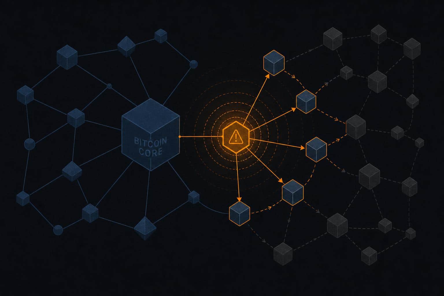 Stylized illustration of a network of nodes with one amber node pulsing a warning signal among outdated grey nodes