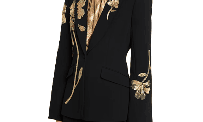 black blazer with gold floral details