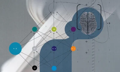 graphic illustration of arrows and data symbols representing a neural network