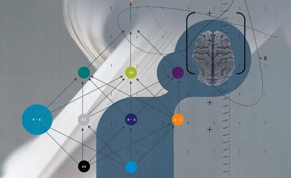 graphic illustration of arrows and data symbols representing a neural network