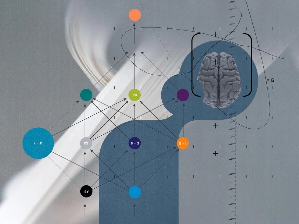 graphic illustration of arrows and data symbols representing a neural network