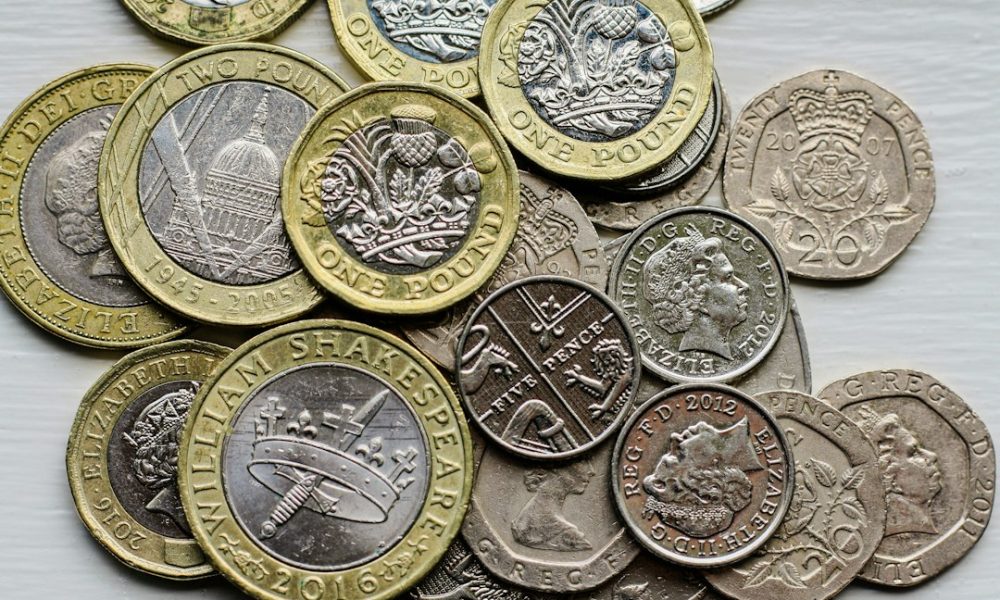 British pound coins representing UK banking restrictions on cryptocurrency transfers