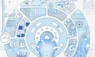 line drawing of an ai humanoid surrounded by representations of biomedical research surveillance and