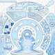 line drawing of an ai humanoid surrounded by representations of biomedical research surveillance and