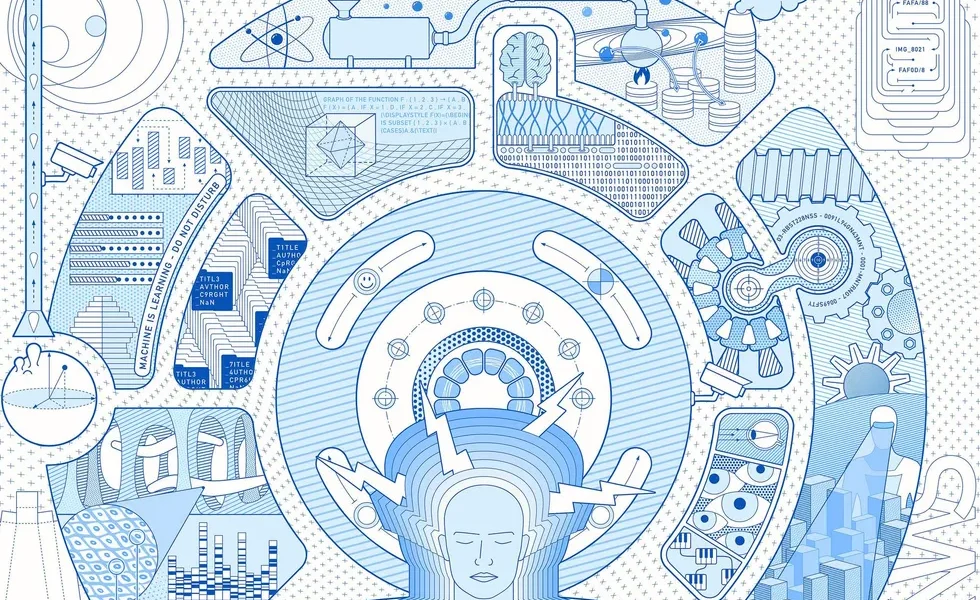 line drawing of an ai humanoid surrounded by representations of biomedical research surveillance and