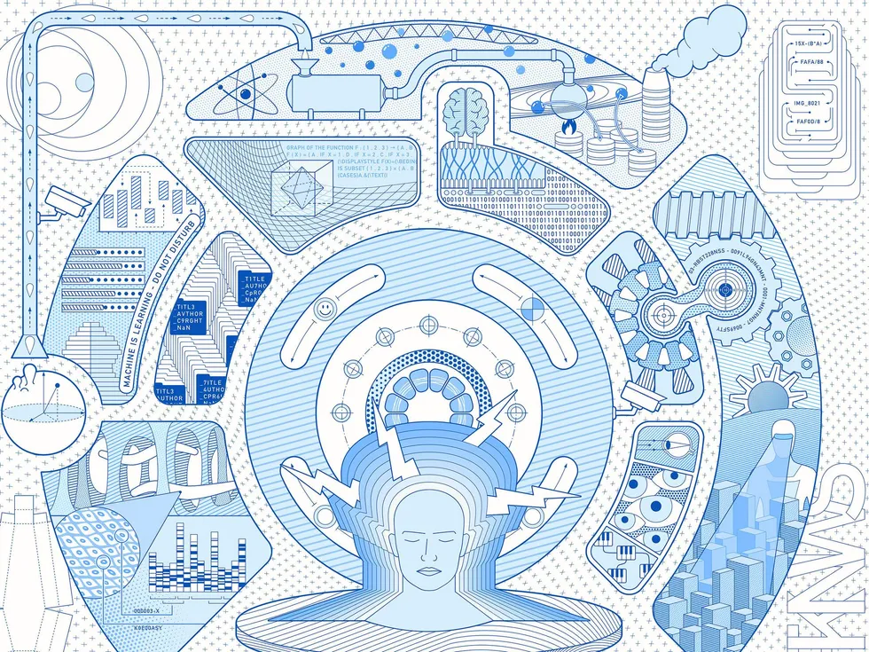 line drawing of an ai humanoid surrounded by representations of biomedical research surveillance and